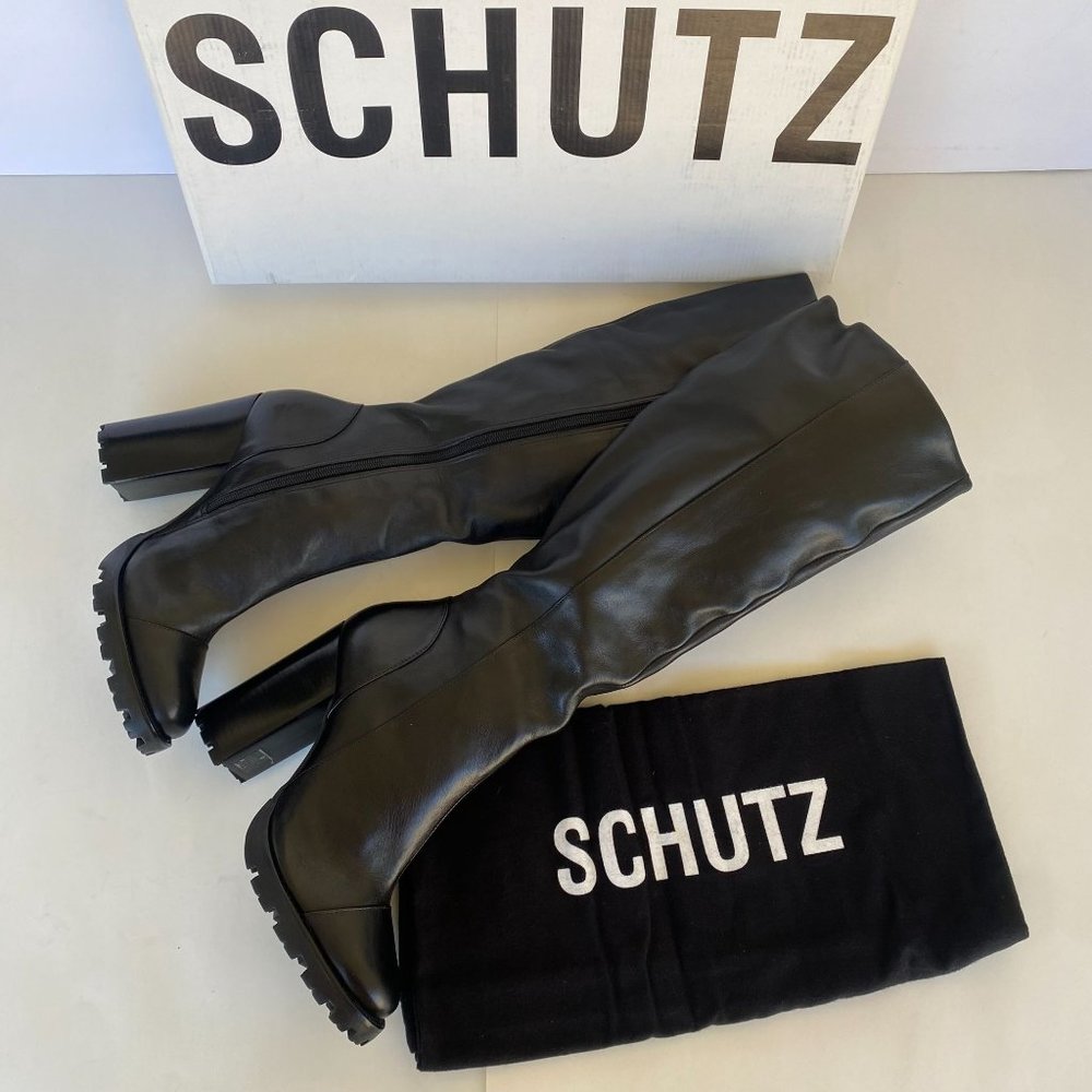NIB SCHUTZ S-TALL BLACK LEATHER LUG SOLE KNEE HIGH BOOTS SZ 8.5 - Picture 2 of 13